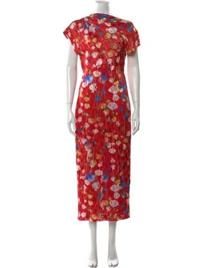 Pre-owned Lela Rose Floral Print Midi Length Dress W/ Tags In Red