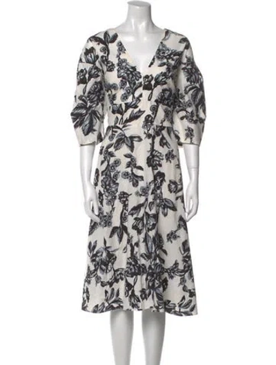 Pre-owned Lela Rose Floral Print Midi Length Dress In White