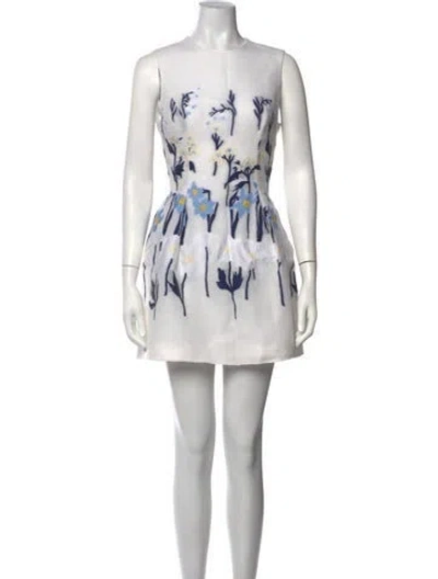 Pre-owned Lela Rose Floral Print Mini Dress In White