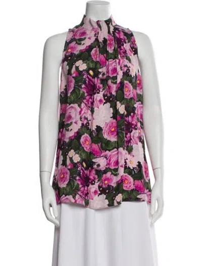 Pre-owned Lela Rose Floral Print Mock Neck Blouse In Purple