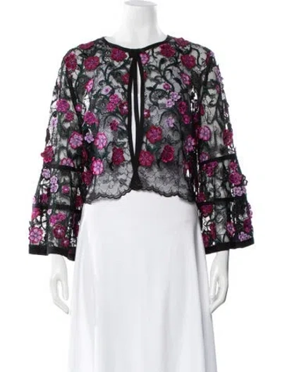 Pre-owned Lela Rose Floral Print Open Front Blouse In Black