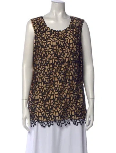 Pre-owned Lela Rose Floral Print Scoop Neck Top In Black/brown