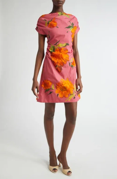 Lela Rose Floral Print Shirred Cap Sleeve Cotton Poplin Minidress In Pink