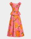 Lela Rose Floral-print Shirred V-neck Cotton Peplum Top In Pink