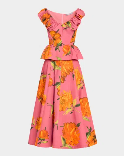 Lela Rose Floral-print Shirred V-neck Cotton Peplum Top