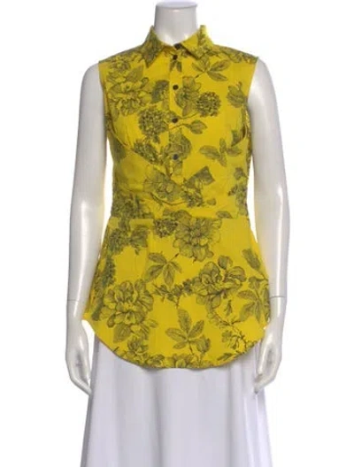 Pre-owned Lela Rose Floral Print Sleeveless Blouse In Yellow