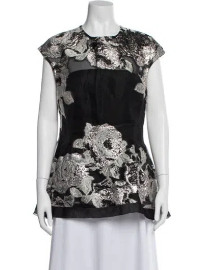 Pre-owned Lela Rose Floral Print Square Neckline Blouse In White