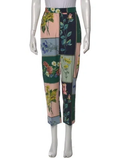 Pre-owned Lela Rose Floral Print Straight Leg Pants In Green