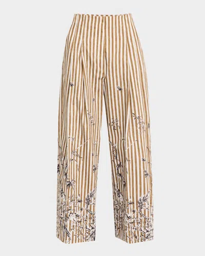 Lela Rose Floral-print Striped Pleated Wide-leg Pants In Walnut