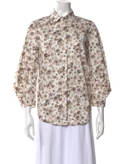 Pre-owned Lela Rose Floral Print Three-quarter Sleeve Blouse In White