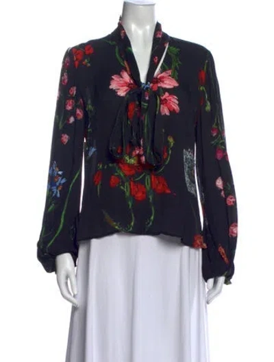 Pre-owned Lela Rose Floral Print Tie Neck Blouse In Blue