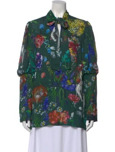 Pre-owned Lela Rose Floral Print Tie Neck Blouse In Green