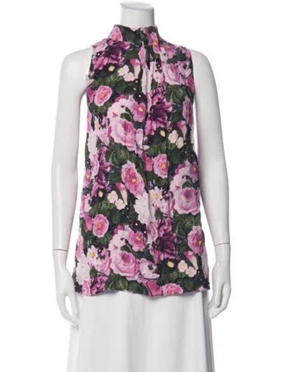 Pre-owned Lela Rose Floral Print Tie Neck Blouse In Purple