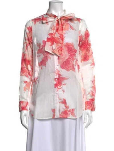 Pre-owned Lela Rose Floral Print Tie Neck Blouse In White