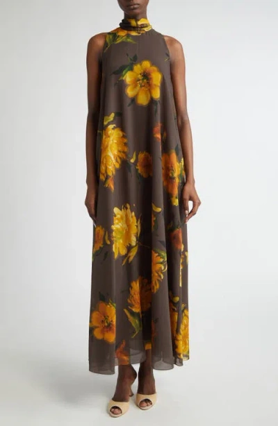 Lela Rose Floral Print Tie Neck Sleeveless Chiffon Maxi Dress In Brown