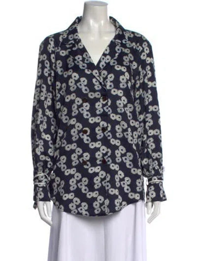 Pre-owned Lela Rose Floral Print V-neck Blouse In Blue