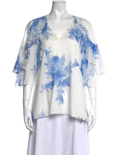 Pre-owned Lela Rose Floral Print V-neck Blouse In Neutrals