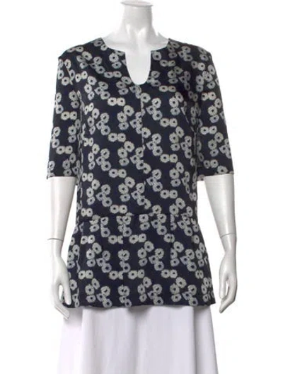 Pre-owned Lela Rose Floral Print V-neck Tunic In Blue