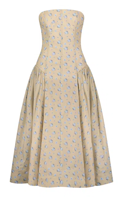 Lela Rose Floral Printed Cotton Strapless Dress In Neutral