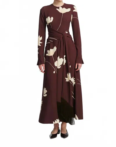Lela Rose Floral Printed Crepe Long Sleeve Tie Waist Dress In Cocoa/sunlight In Burgundy