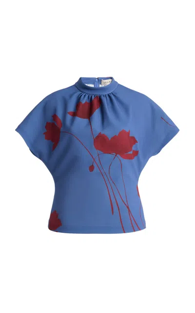 Lela Rose Floral Printed Crepe Mock Neck Short Sleeve Top