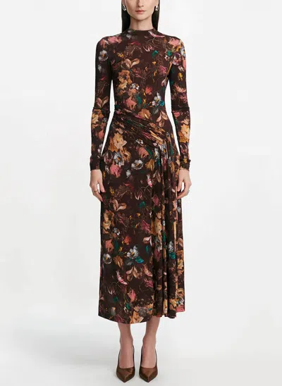 Lela Rose Floral Printed Jersey Long Sleeve Draped Front Dress In Brown Multi In Black