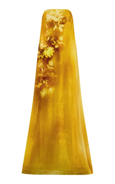 Lela Rose Floral Printed Velvet Strapless Gown In Yellow