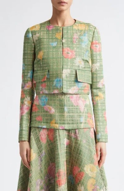 Lela Rose Floral-print Raffia Jacket In Green