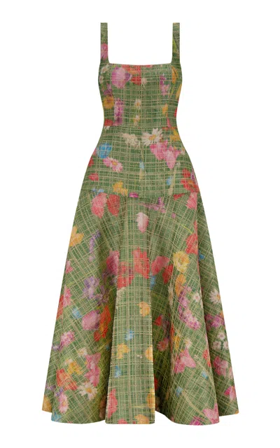 Lela Rose Floral Raffia Square-neck Dress In Pink