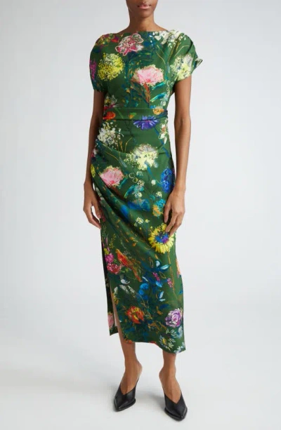 Lela Rose Floral Ruched Dress In Moss