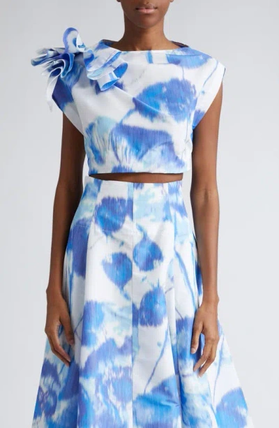 Lela Rose Floral Ruffle Detail Crop Top In White/ Blue Floral