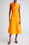 Lela Rose Floral Ruffle Sleeveless Knit Midi Dress In Tangerine