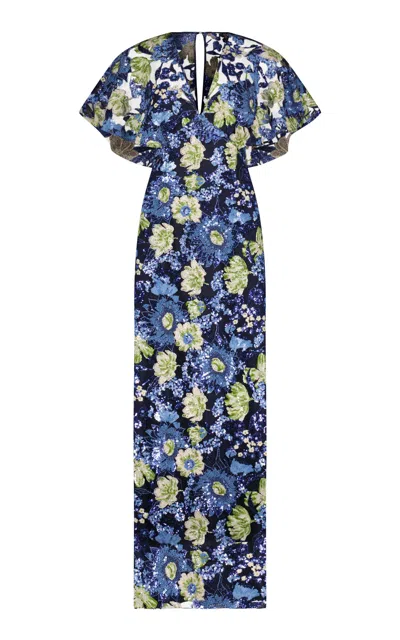 Lela Rose Floral Sequin Tulle Dress In Blue