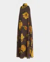 Lela Rose Floral Print Tie Neck Sleeveless Chiffon Maxi Dress In Brown