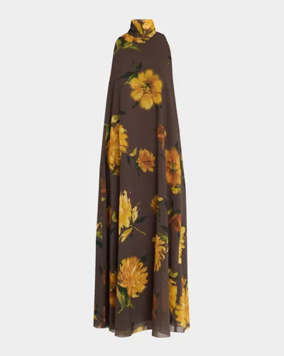 LELA ROSE FLORAL SLEEVELESS TIE-NECK MAXI DRESS