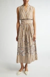 Lela Rose Floral Stripe V-neck Cotton Dress In Walnut