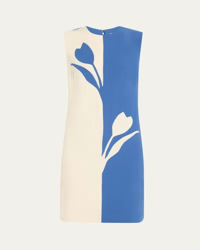 Lela Rose Floral Two-tone Crepe Tunic Dress In Creamcornflower