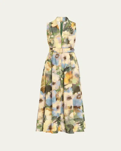 Lela Rose Floral-print Cotton Sleeveless Midi Dress With Belt In Multi