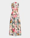 Lela Rose Floral-print Cotton Sleeveless Midi Dress With Belt In Multi
