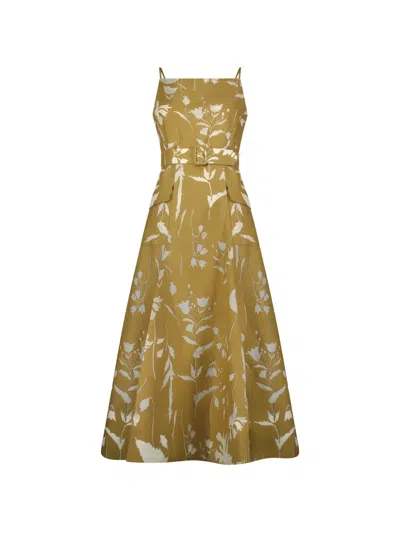 Lela Rose Belted Waist Floral Dress In Brown