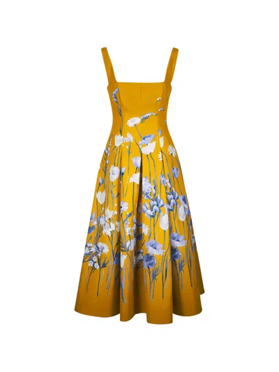 Lela Rose Floral-print Midi Dress In Brown