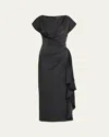 Lela Rose Florence Draped Short-sleeve Midi Dress In Black