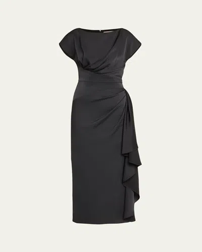 Lela Rose Florence Draped Short-sleeve Midi Dress In Black
