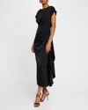 Lela Rose Florence Draped Short-sleeve Midi Dress In Black