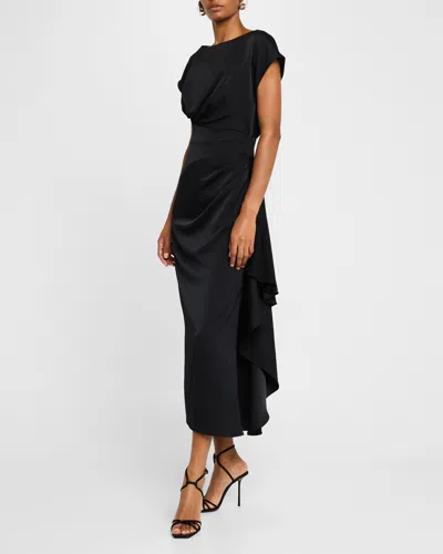 Lela Rose Florence Draped Short-sleeve Midi Dress In Black