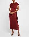 Lela Rose Florence Draped Short-sleeve Midi Dress In Bordeaux