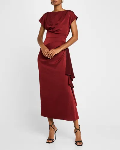 Lela Rose Florence Draped Short-sleeve Midi Dress In Bordeaux