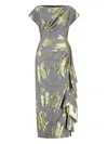 Lela Rose Florence Floral Midi Dress In Gray