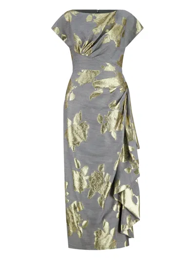 Lela Rose Florence Floral Midi Dress In Gray