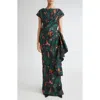 Lela Rose Florence Ruched Floral Jacquard Gown In Green